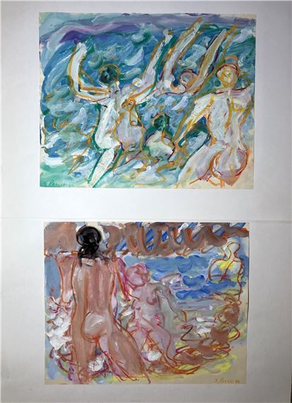 Baigneuses - Deux esquisses à la  et au pastel sur by Jacques Poncet