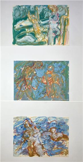 Baigneuses - Trois esquisses à la  et au pastel sur by Jacques Poncet