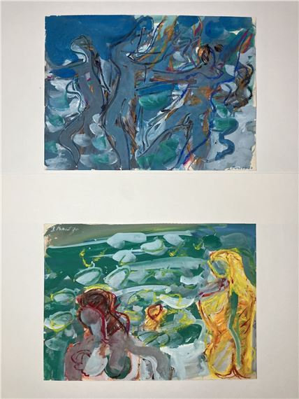 Baigneuses - Deux esquisses à la gouache et au pastel sur papier Canson by Jacques Poncet, datées 70
