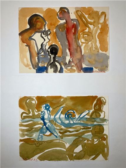 Baigneuses - Deux dessins à la gouache sur papier Canson by Jacques Poncet, datées 72