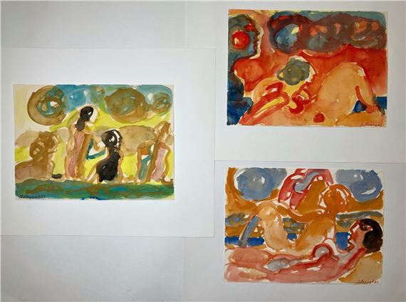 Baigneuses - Trois dessins à la gouache sur papier Canson by Jacques Poncet, datées 72