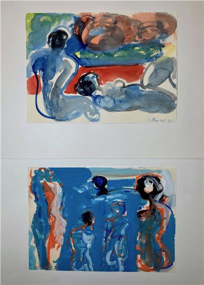Baigneuses - Deux dessins à la gouache et pastel sur papier Canson by Jacques Poncet, datées 70