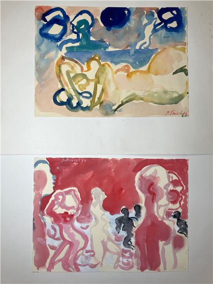 Baigneuses - Deux dessins à la gouache et fusain sur papier Canson by Jacques Poncet, datées 70