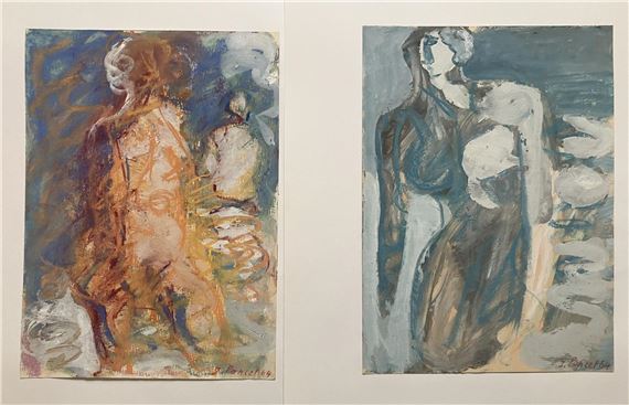 Nu orange et nu bleu - Deux  à la gouache by Jacques Poncet