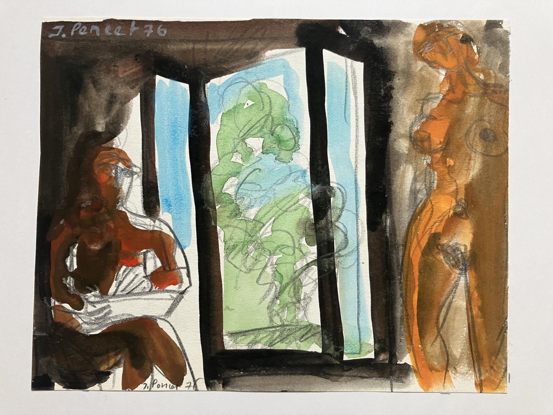 Artwork by Jacques Poncet, L'artiste et son modèle -  Canson, Made of Gouache et graphite sur papier