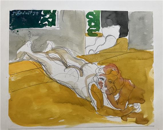 Le modèle dans la lumière jaune - Gouache et  sur by Jacques Poncet