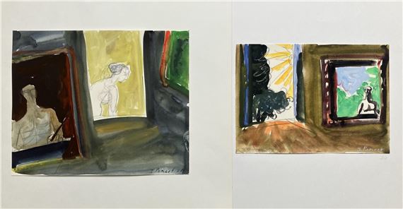 L'artiste à l'œuvre - 2  à la gouache et graphite by Jacques Poncet