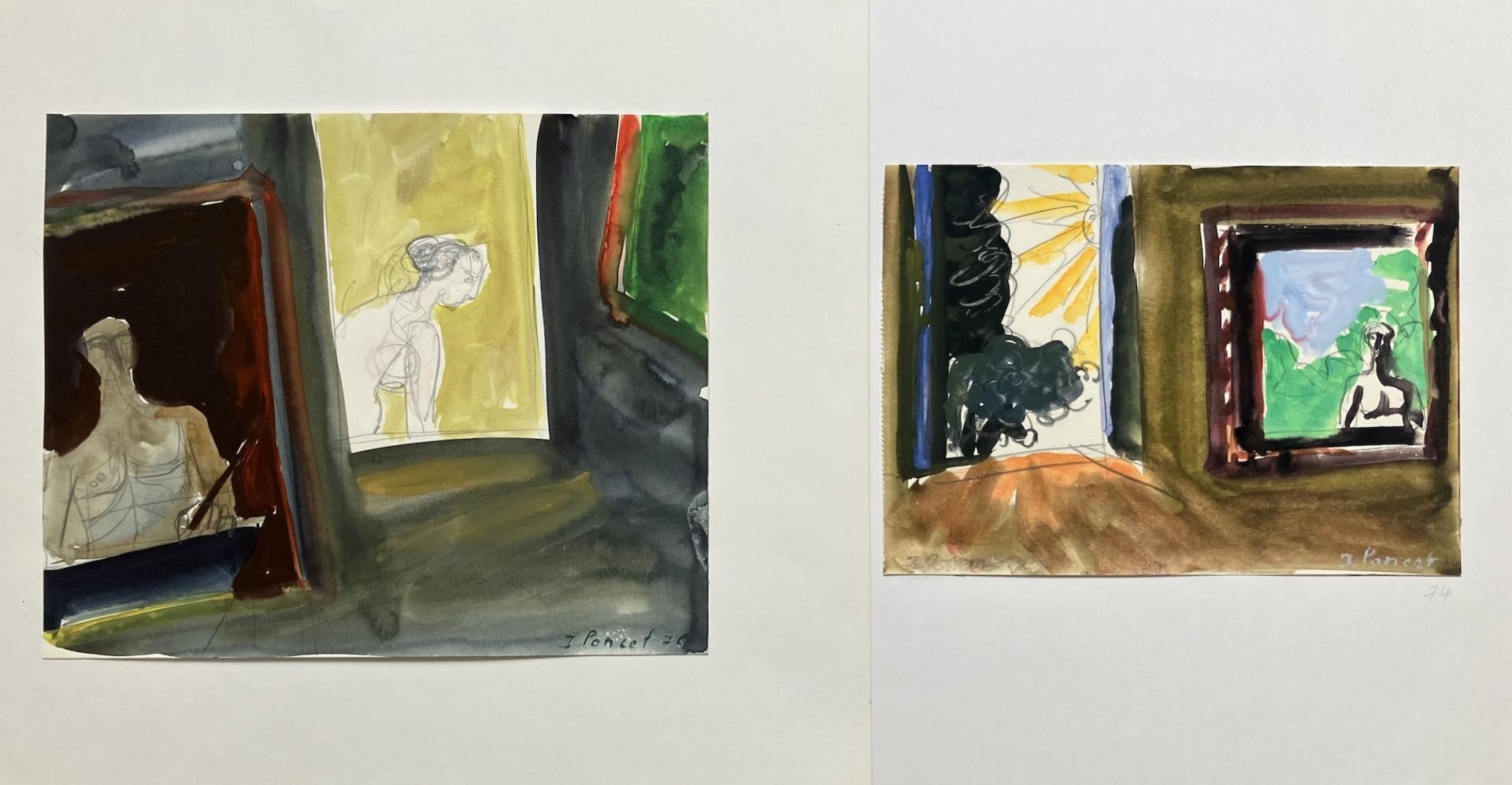 Artwork by Jacques Poncet, L'artiste à l'œuvre - 2  à la gouache et graphite, Made of Gouache et graphite sur papier