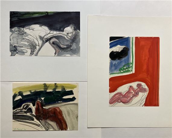 Nus féminins - 3 dessins à la gouache et fusain sur