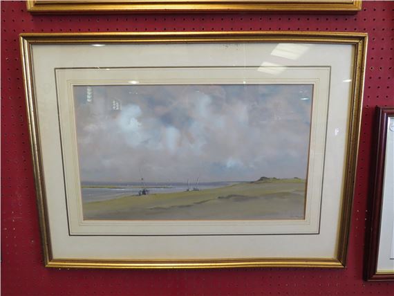 : A watercolour of beached vessels in estuary at dusk by Peter Solly, dated 88