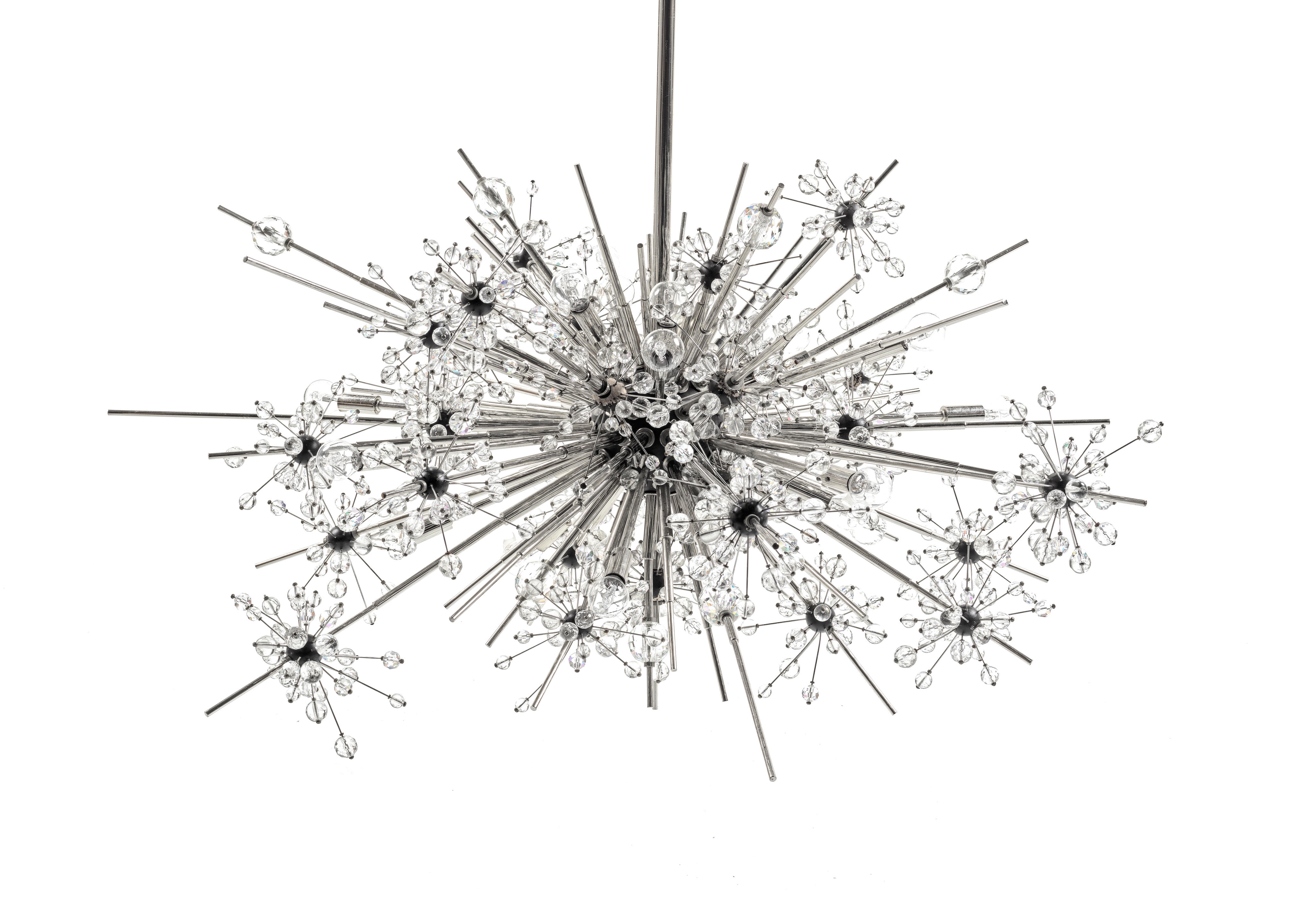 Artwork by Hans Harald Rath, 26 light 'Metropolitan Opera Auditorium' starburst chandelier, Made of nickel plated, black painted wood and cut and blown glass