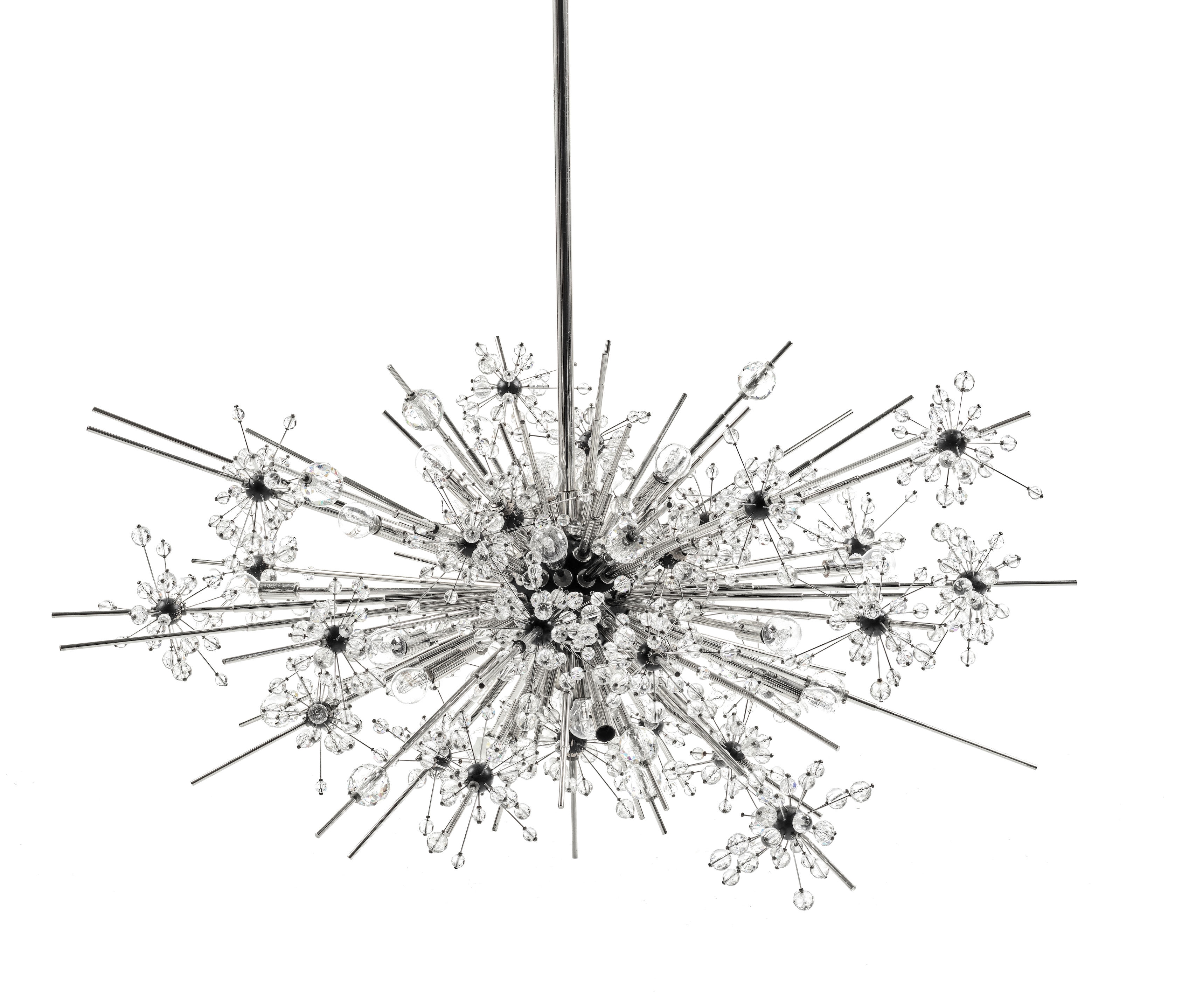 Artwork by Hans Harald Rath, 26 light 'Metropolitan Opera Auditorium' starburst chandelier, Made of nickel plated, black painted wood and cut and blown glass