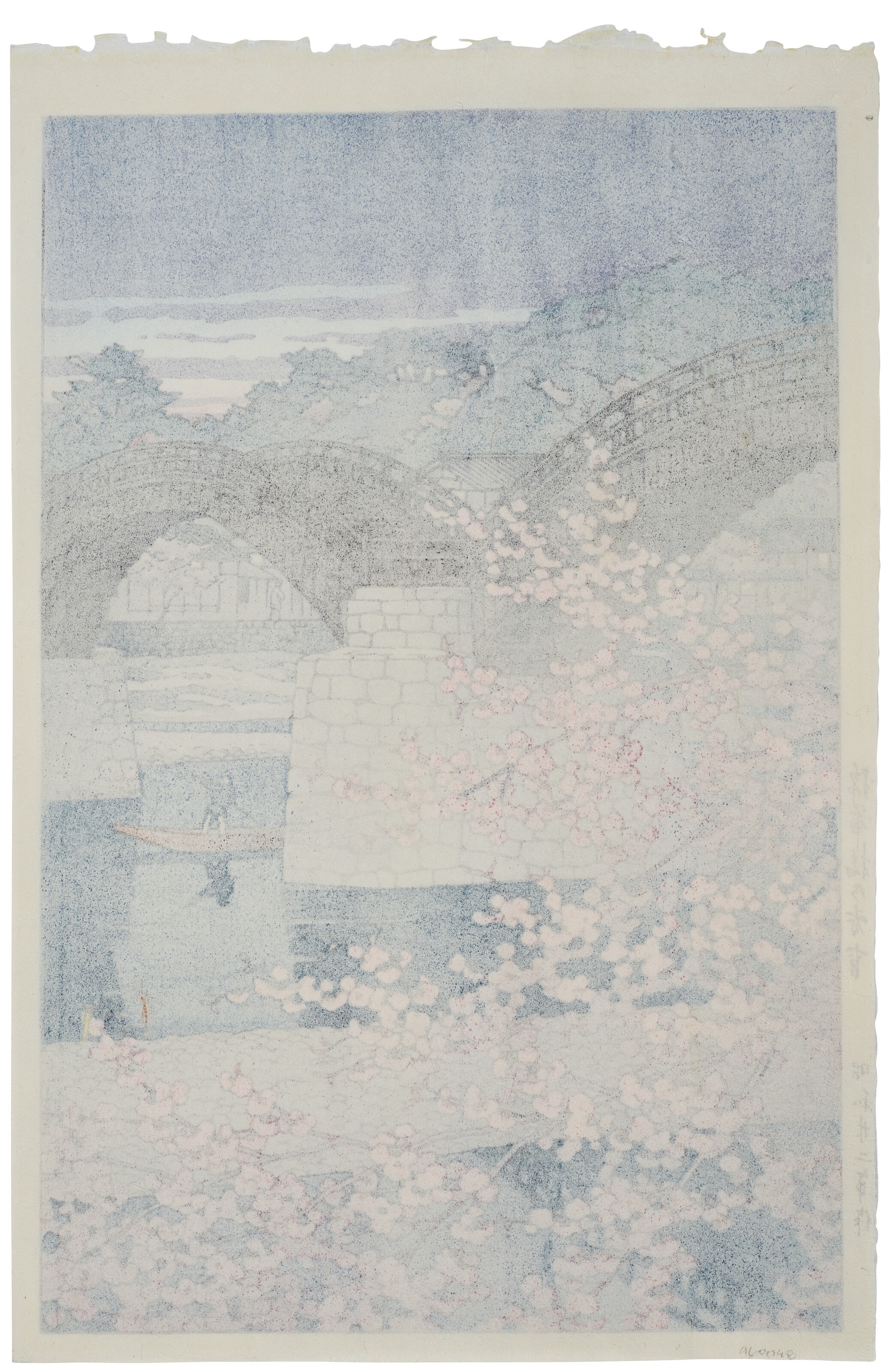 Artwork by Hasui Kawase, Kintaikyo no shunsho (Spring evening at the Kintai bridge), Made of Woodblock print