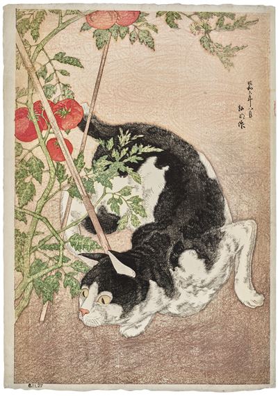 Cat and tomato plant by Takahashi Shōtei, 1931