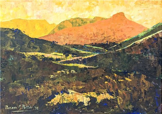 'Orange Hills' oil on board by Ronald Bell, 1974