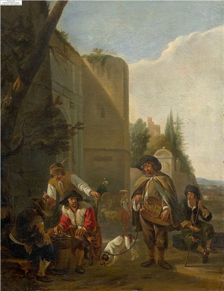 Joueurs de dames et de vielle devant une porte antique by Hendrick Verschuring
