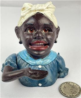 Vintage John Harper Cast Iron Mammy in Blue Dress Black Americana Mechanical Bank WORKS - John Harper