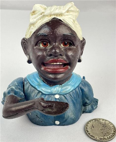 Vintage John Harper Cast Iron Mammy in Blue Dress Black Americana Mechanical Bank WORKS - John Harper