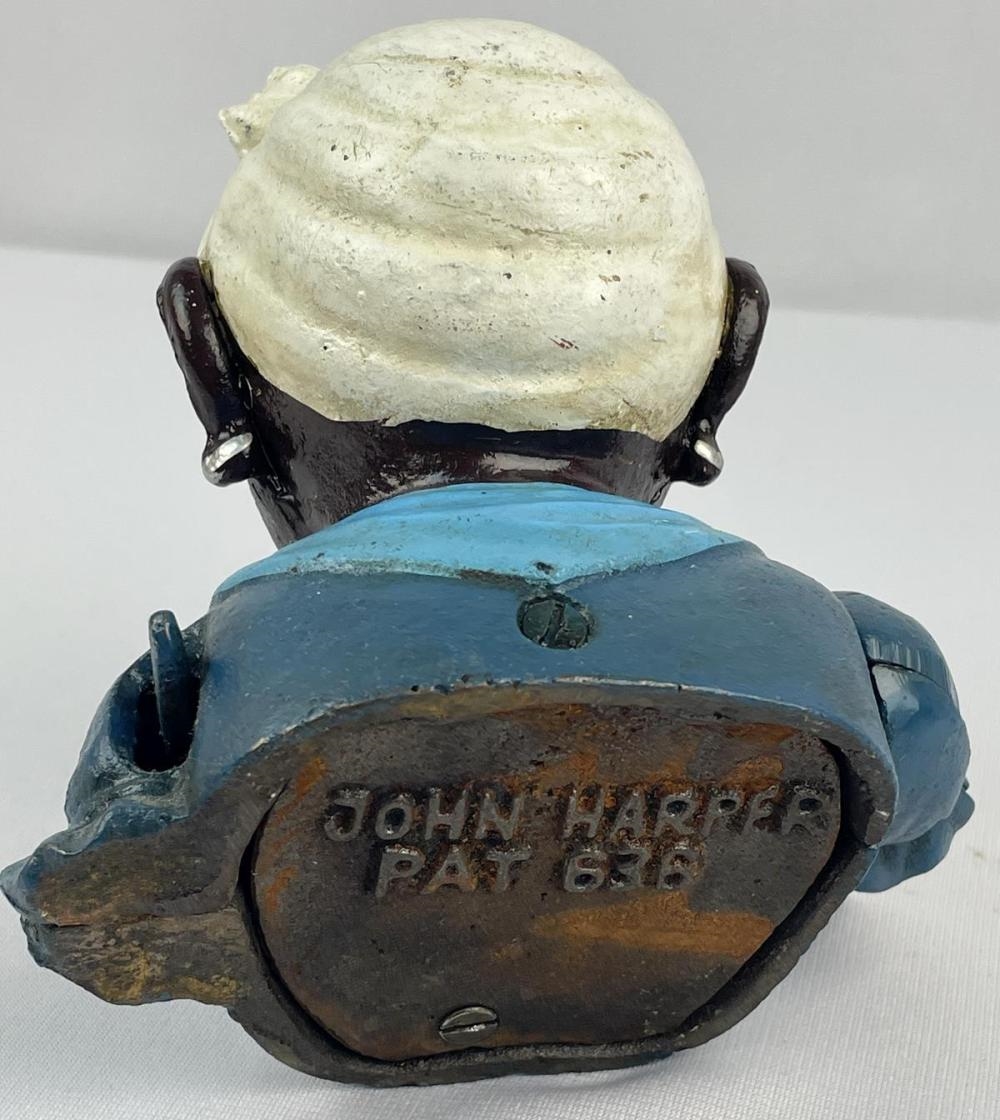 Artwork by John Harper, Vintage John Harper Cast Iron Mammy in Blue Dress Black Americana Mechanical Bank WORKS, Made of cast iron