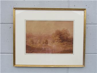 A framed and , view of a distant town with figure on pathway - Richard Sasse