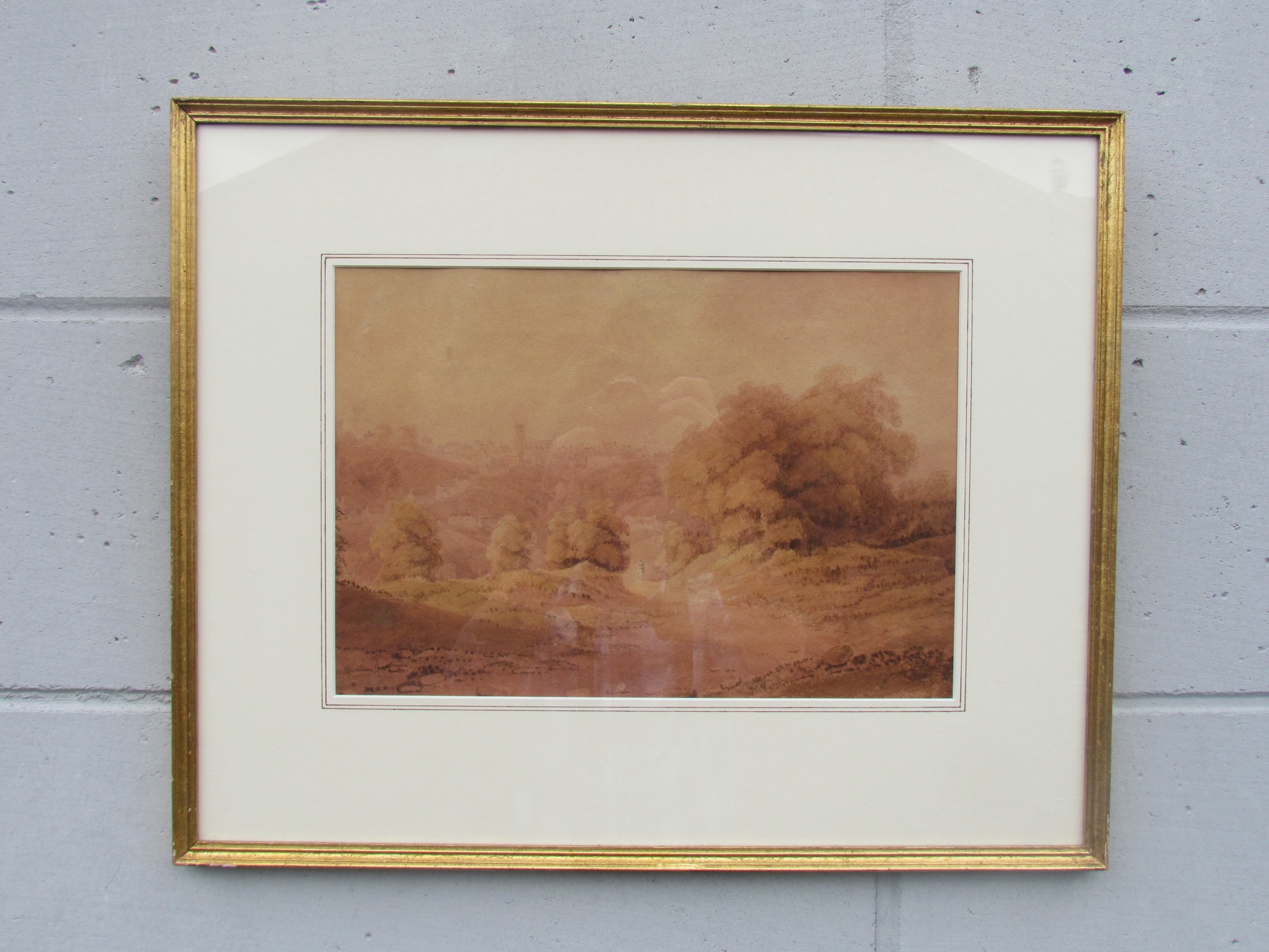 Artwork by Richard Sasse, A framed and , view of a distant town with figure on pathway, Made of glazed watercolour