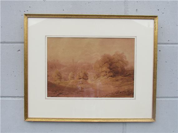 A framed and , view of a distant town with figure on pathway by Richard Sasse