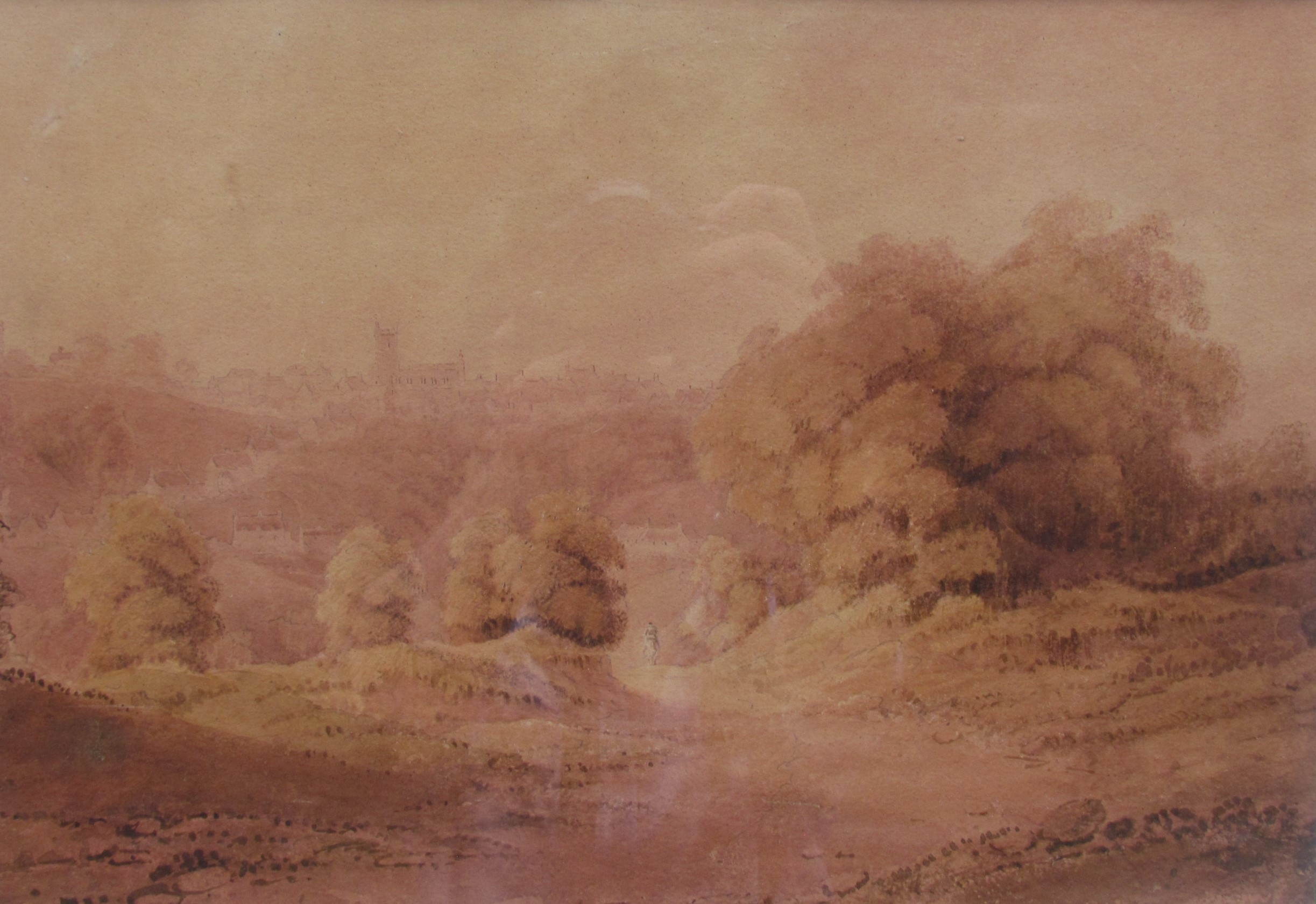 Artwork by Richard Sasse, A framed and , view of a distant town with figure on pathway, Made of glazed watercolour