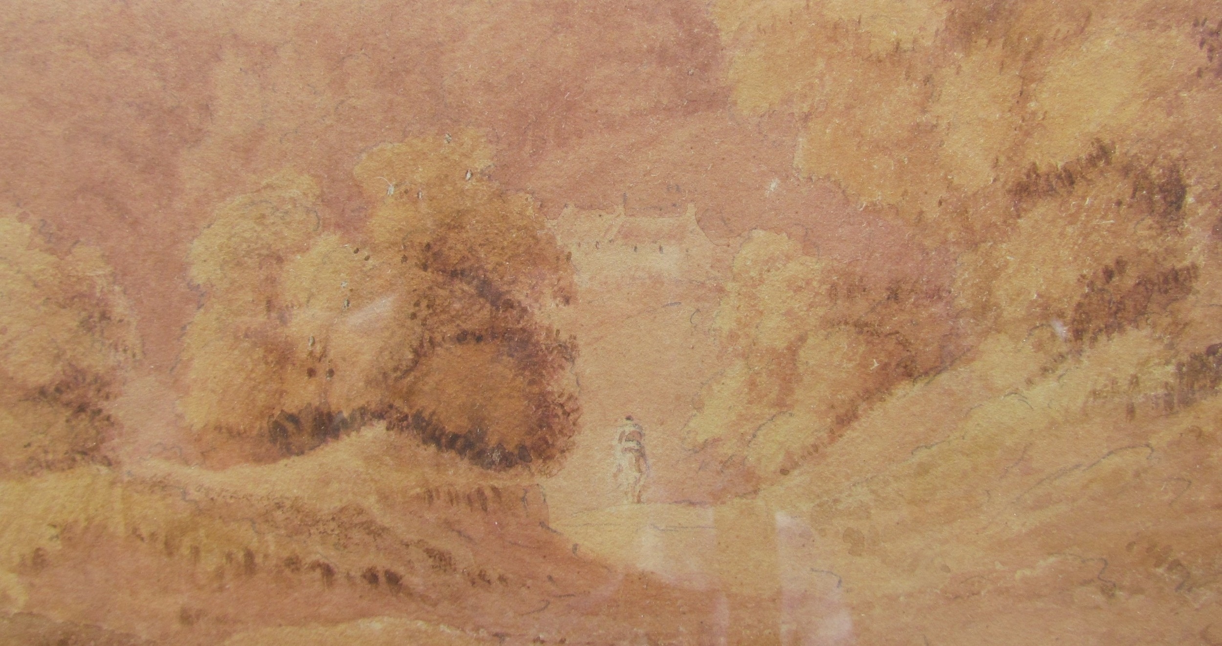 Artwork by Richard Sasse, A framed and , view of a distant town with figure on pathway, Made of glazed watercolour