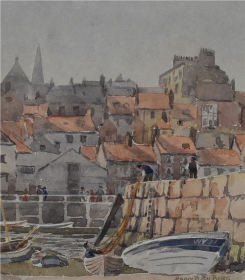 Quayside, Whitby, Yorkshire by Harold Gilbert, dated 1968