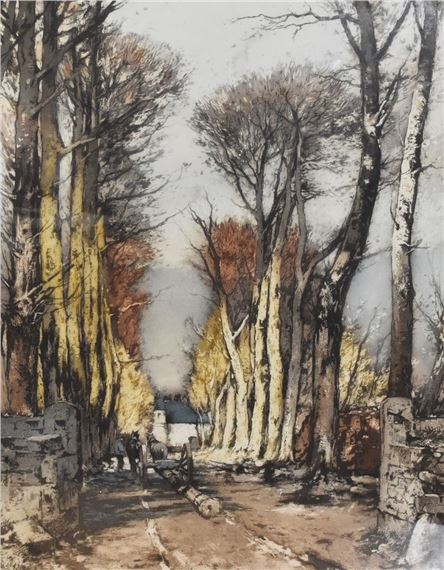 A tree lined avenue with work horses and cart by Ferdinand-Jean Luigini