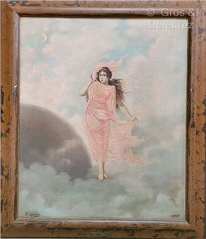 Sakis der AZARIAN (1865-1915) Young woman in a pink drape walking on the clouds Oil on canvas board. Signed lower left and inscribed lower right "Ismidt". 55 x 46 cm (Dirty work) Provenance: Private collection. Bibliography: Armenian Painters in the Ottoman Empire 1600-1923 - Sakis der Azarian