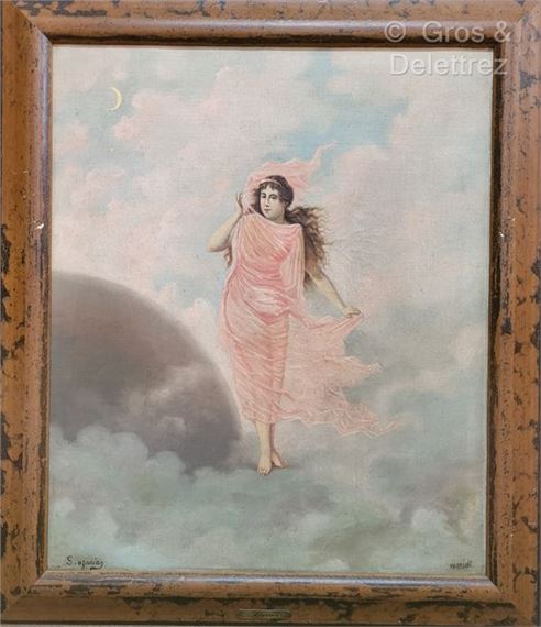 Sakis der AZARIAN (1865-1915) Young woman in a pink drape walking on the clouds Oil on canvas board. Signed lower left and inscribed lower right "Ismidt". 55 x 46 cm (Dirty work) Provenance: Private collection. Bibliography: Armenian Painters in the Ottoman Empire 1600-1923 by Sakis der Azarian