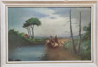 Sheep and shepherd by the river. . Signed lower right in Armenian.  (craquelures) - Armenag Chlemedjian (20th Century)