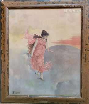 Young woman in red walking on the clouds and looking to the right . Signed lower left and inscribed "Ismidt" lower right.  (Minor damage - Sarkis der Azarian