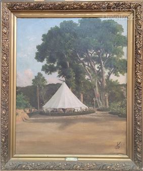 The big white wedding tent Oil on canvas. Signed lower right.  (missing and small scratches) Nicely stuccoed and gilded wooden frame. Provenance: Private collection. Bibliography: Armenian Painters in the Ottoman Empire 1600-1923 - Norman Frenkian