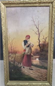 Young woman holding a lamb. . Signed lower left.  (Restorations - Sakis der Azarian