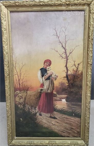 Young woman holding a lamb. . Signed lower left.  (Restorations by Sakis der Azarian