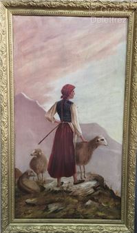 Young shepherdess at the top of the mountain. . Signed lower left.  (Restorations - Sakis der Azarian