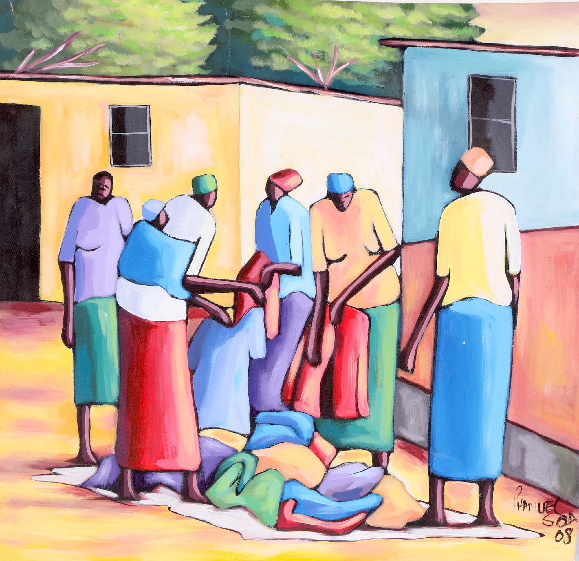 Artwork by Phanuel Soza, LADIES SELLING CLOTHING, Made of oil on canvas