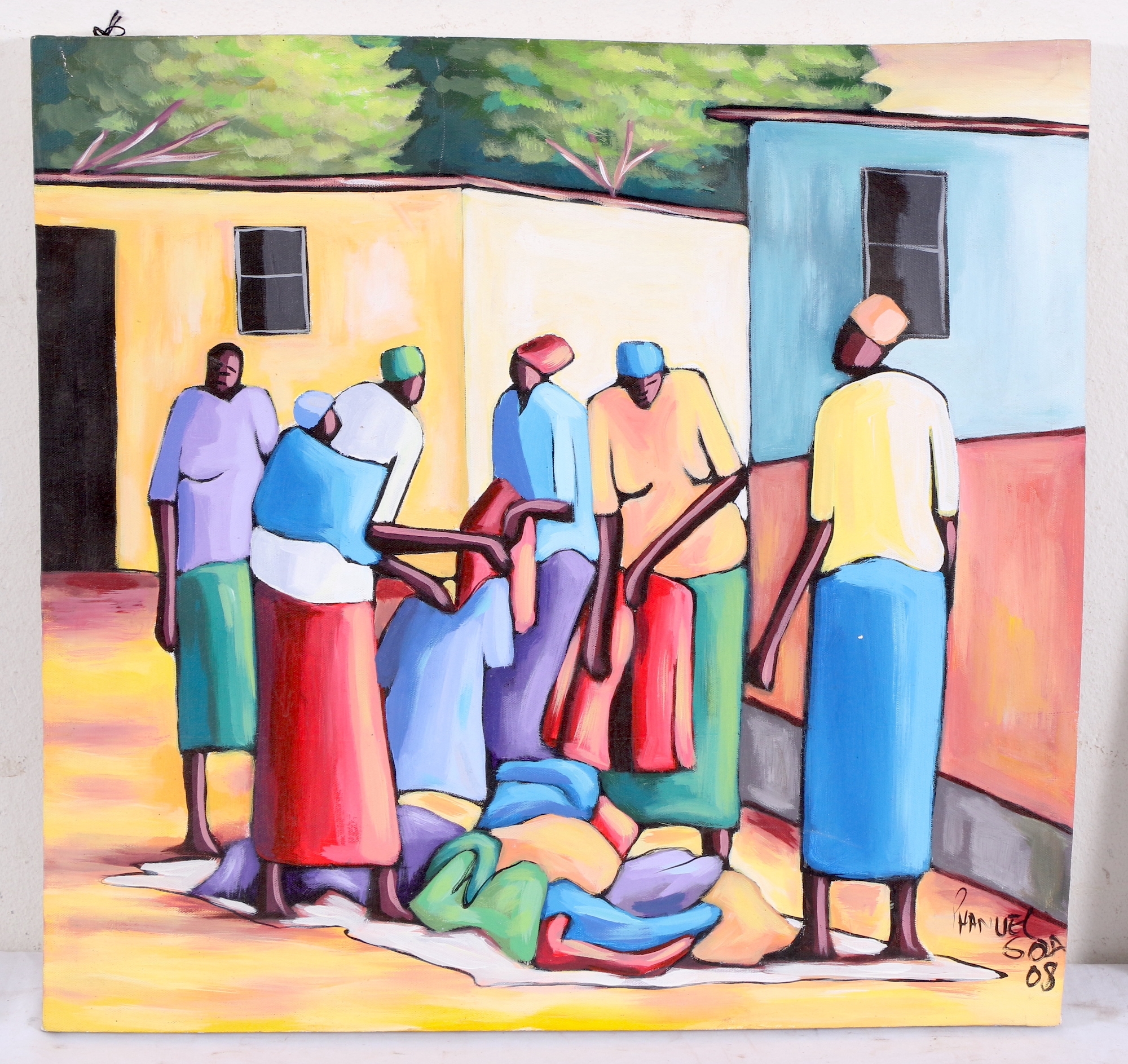 Artwork by Phanuel Soza, LADIES SELLING CLOTHING, Made of oil on canvas