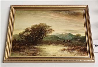 cattle at sunset signed gilt framed oil on board 27 x 37 cm - James Christie Bruce