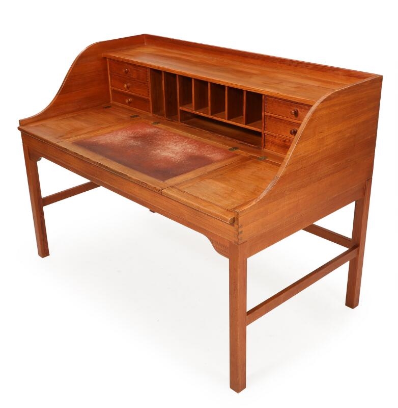 Artwork by Andreas Hansen, Writing desk of solid pitch pine, brass fittings, Made of Pine
