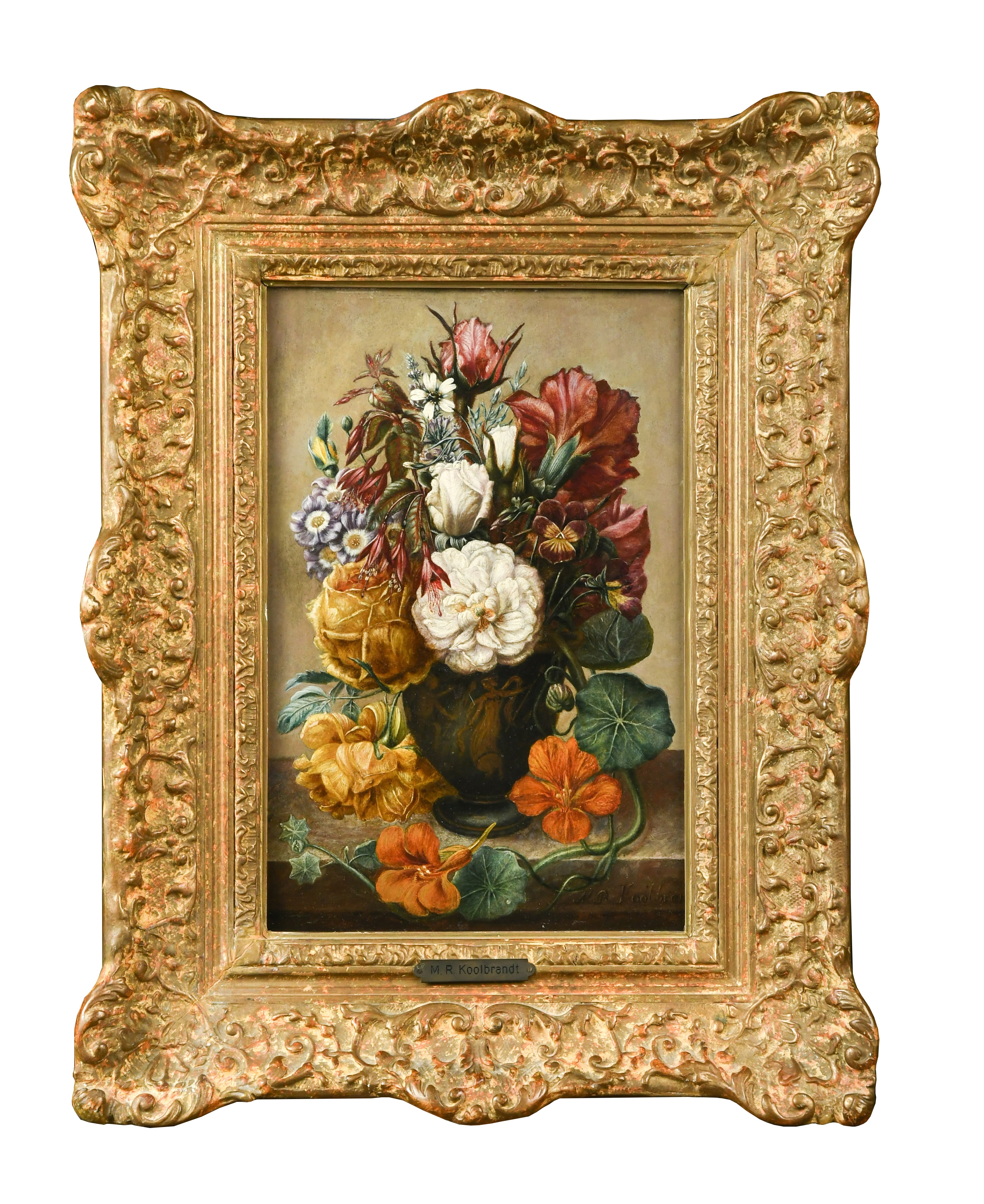 Artwork by M. R. Koolbrandt, Still life of flowers in a classical vase on a marble ledge, Made of oil on panel