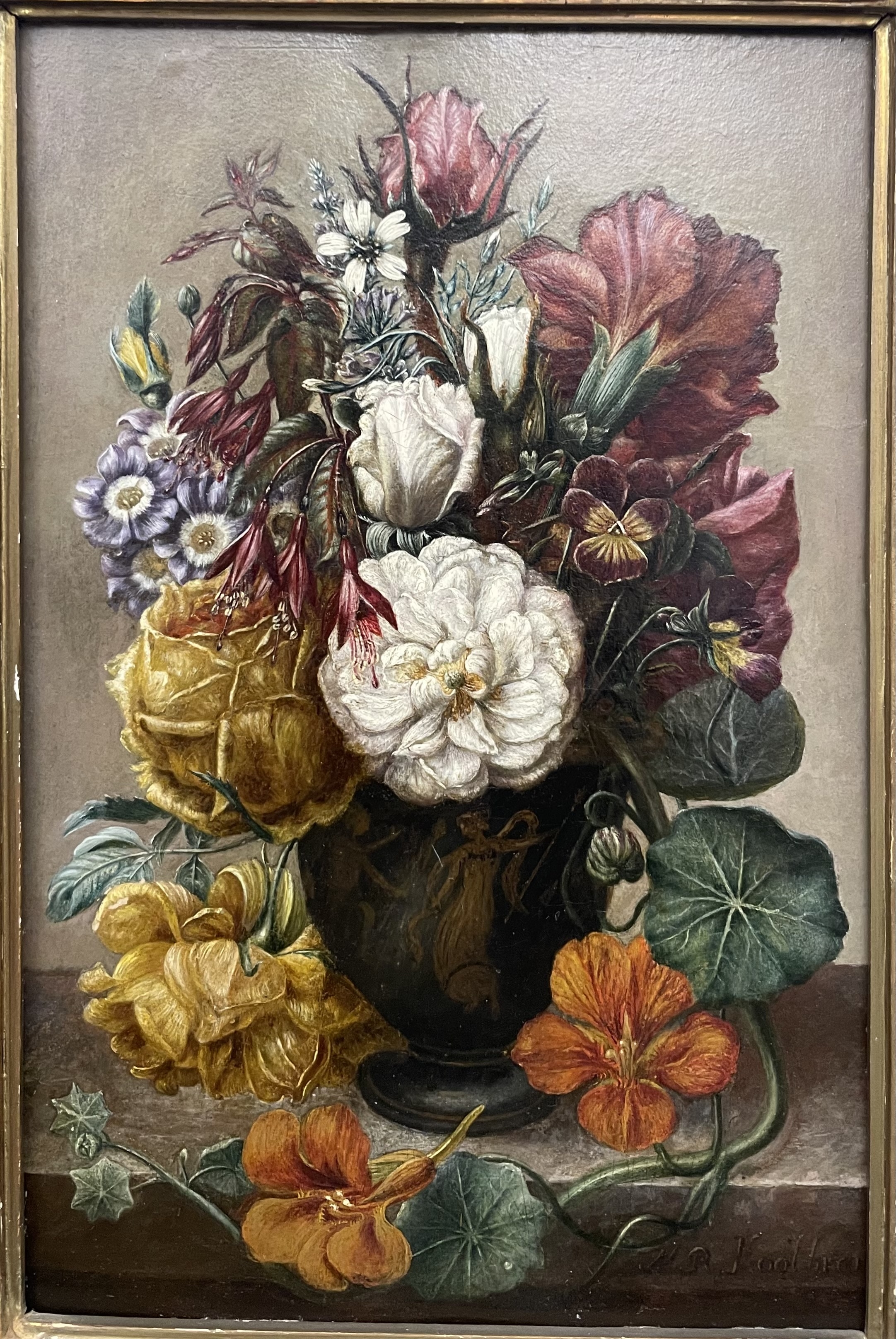 Artwork by M. R. Koolbrandt, Still life of flowers in a classical vase on a marble ledge, Made of oil on panel