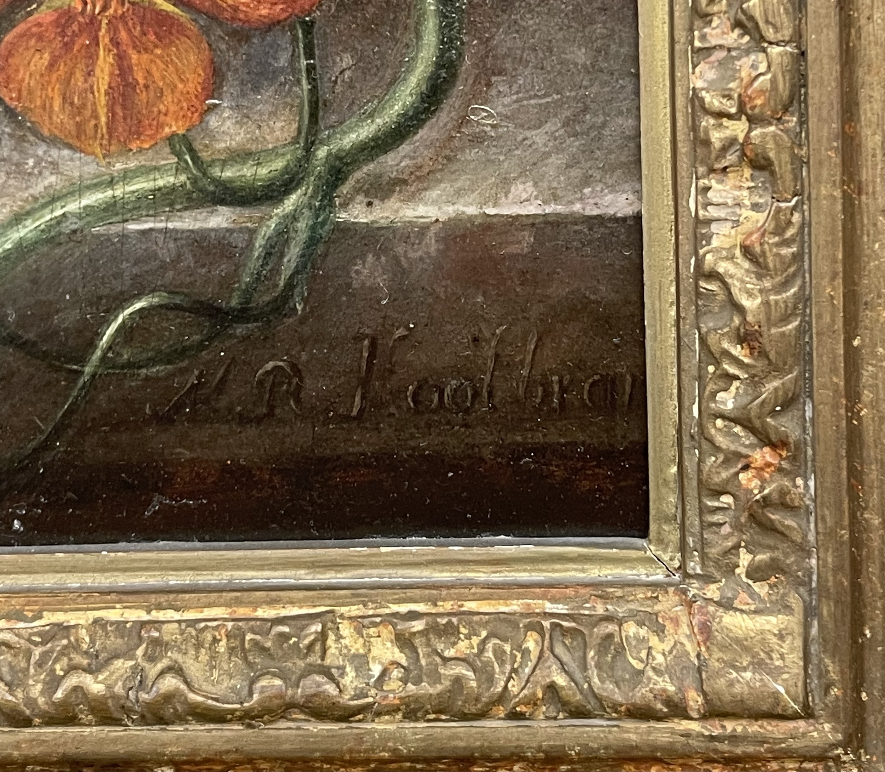 Artwork by M. R. Koolbrandt, Still life of flowers in a classical vase on a marble ledge, Made of oil on panel