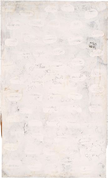 Weiße Farbpunkte, signiert, datiert Oberhuber 73, sowie auf der Rückseite Oberhuber 1973, Acryl auf Holz (Ränder unten seitlich verjüngt), 98,5x 60 cm