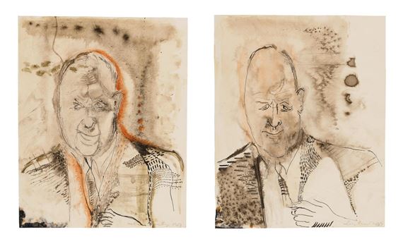 Herr mit Krawatte, zwei Blätter, beide signiert, datiert Oberhuber 1953 sowie eines auf der Rückseite nochmals signiert, datiert Oberhuber 1953, Feder, Tusche, z. T. laviert, Aquarell auf Papier, je 31,3 x 25 cm by Oswald Oberhuber, 1953