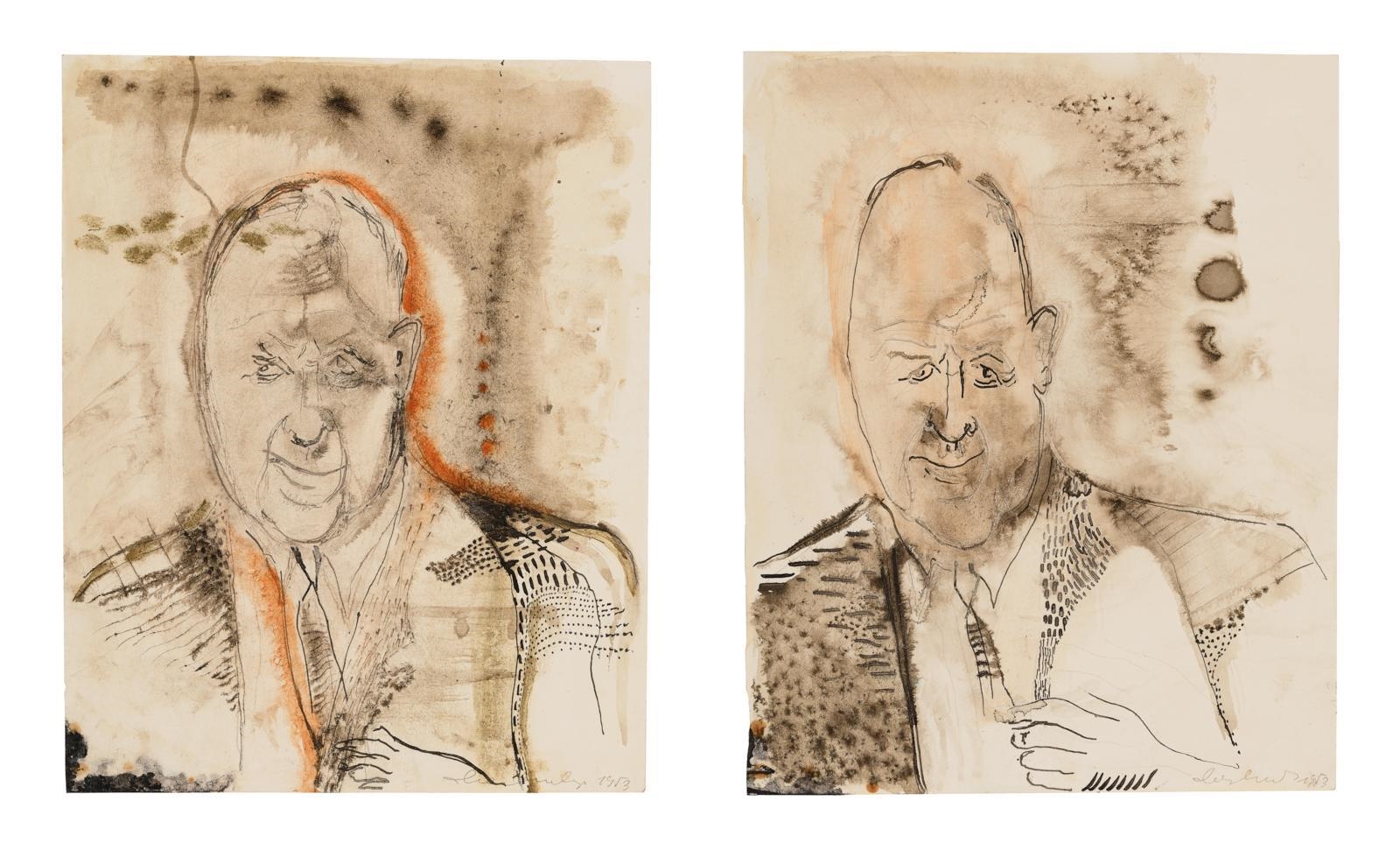 Artwork by Oswald Oberhuber, Herr mit Krawatte, zwei Blätter, beide signiert, datiert Oberhuber 1953 sowie eines auf der Rückseite nochmals signiert, datiert Oberhuber 1953, Feder, Tusche, z. T. laviert, Aquarell auf Papier, je 31,3 x 25 cm, Made of watercolor on paper