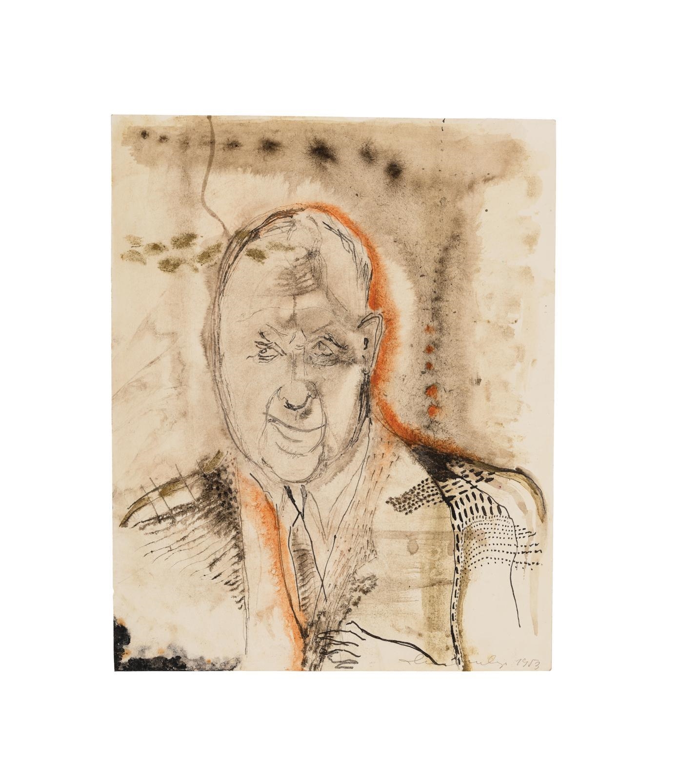 Artwork by Oswald Oberhuber, Herr mit Krawatte, zwei Blätter, beide signiert, datiert Oberhuber 1953 sowie eines auf der Rückseite nochmals signiert, datiert Oberhuber 1953, Feder, Tusche, z. T. laviert, Aquarell auf Papier, je 31,3 x 25 cm, Made of watercolor on paper