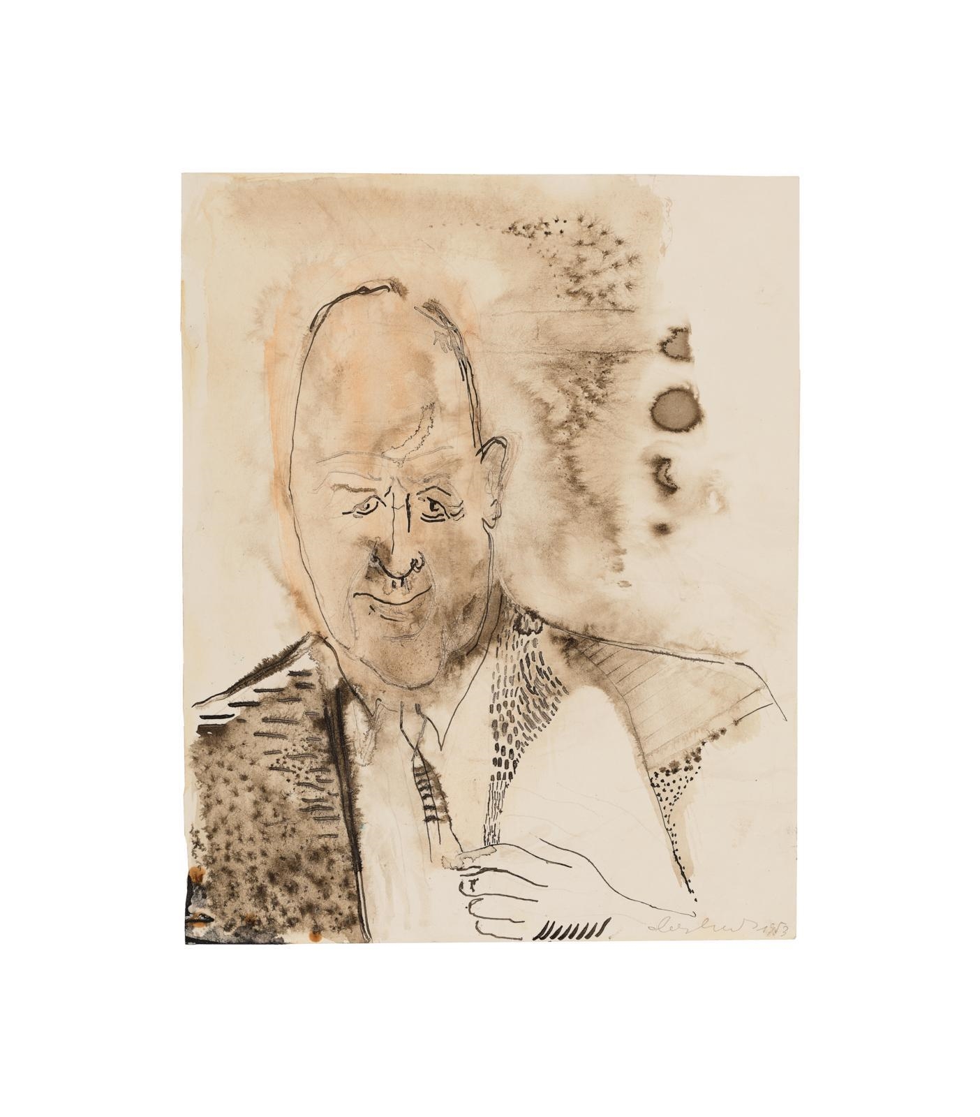 Artwork by Oswald Oberhuber, Herr mit Krawatte, zwei Blätter, beide signiert, datiert Oberhuber 1953 sowie eines auf der Rückseite nochmals signiert, datiert Oberhuber 1953, Feder, Tusche, z. T. laviert, Aquarell auf Papier, je 31,3 x 25 cm, Made of watercolor on paper